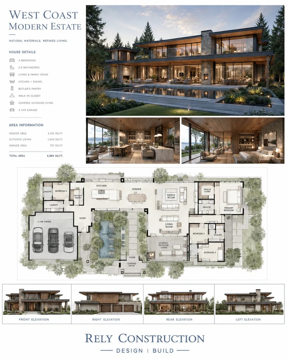 Concept board: West Coast Modern Estate: exterior, interiors, floor plan and four elevations
