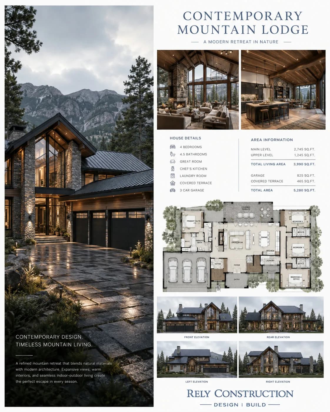 Concept board: Contemporary Mountain Lodge: exterior, interiors, floor plan and elevations