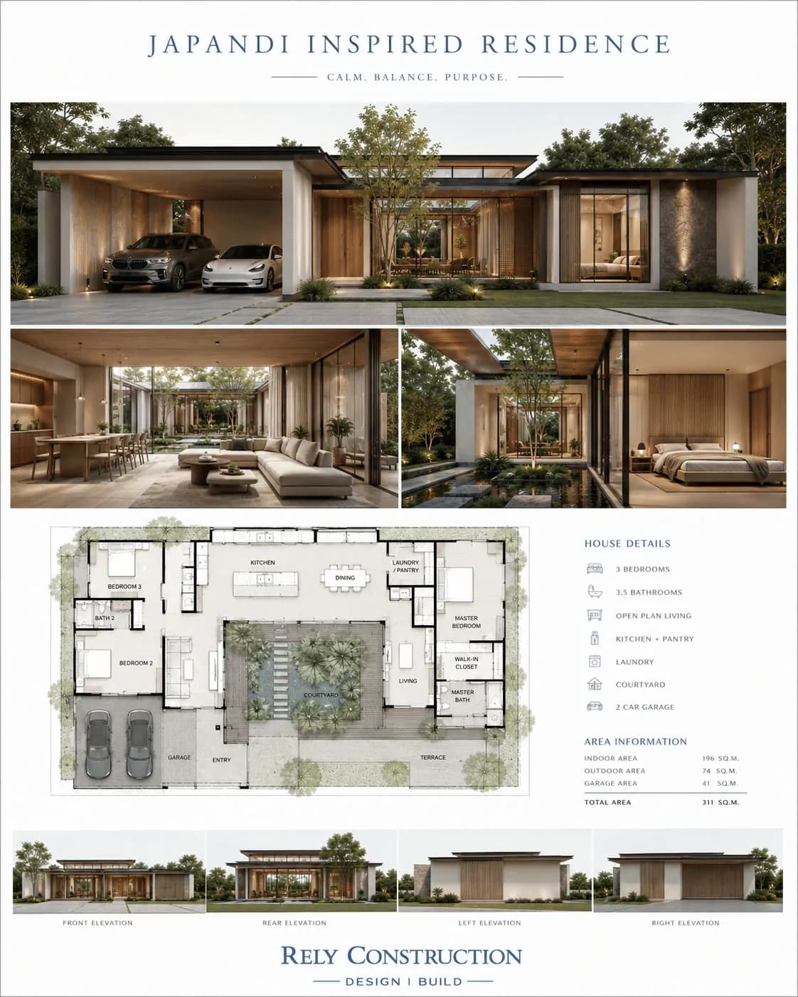 Concept board: Japandi Inspired Residence: exterior, interiors, floor plan and elevations