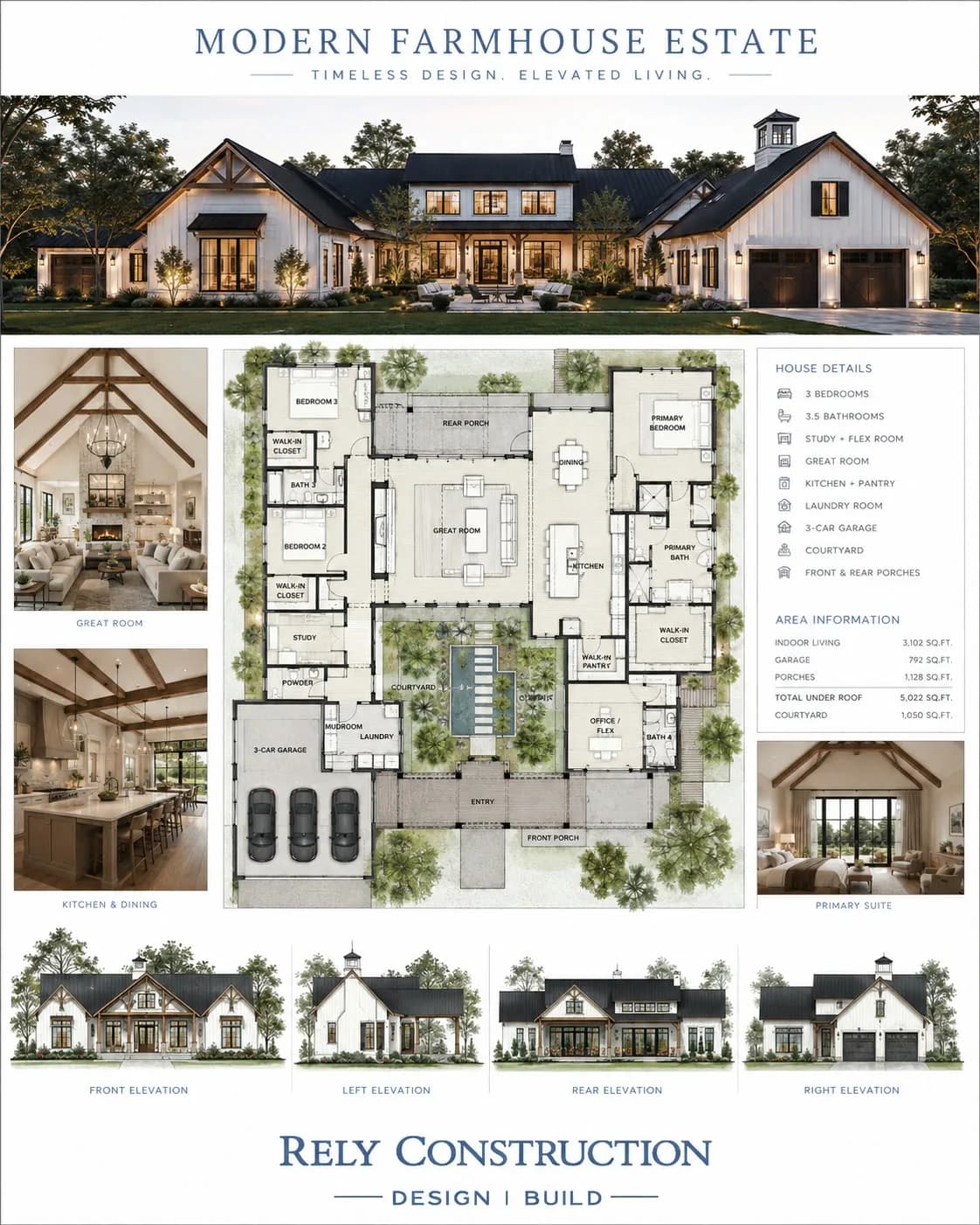 Concept board: Modern Farmhouse Estate: exterior, interiors, floor plan and elevations