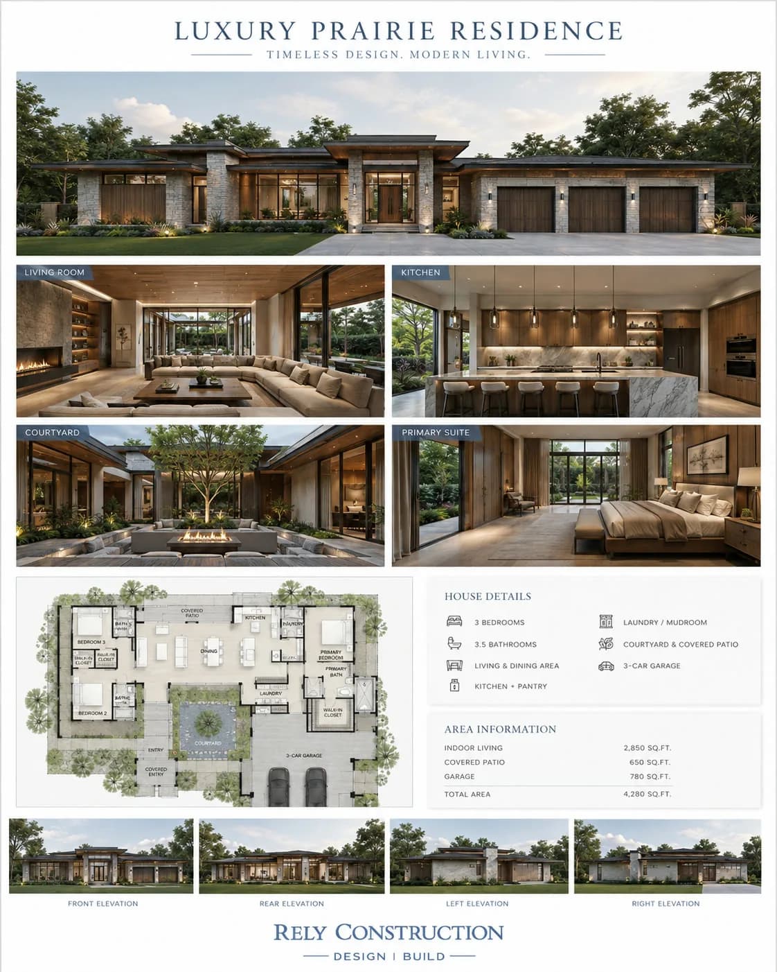 Concept board: Luxury Prairie Residence: exterior, interiors, floor plan and elevations