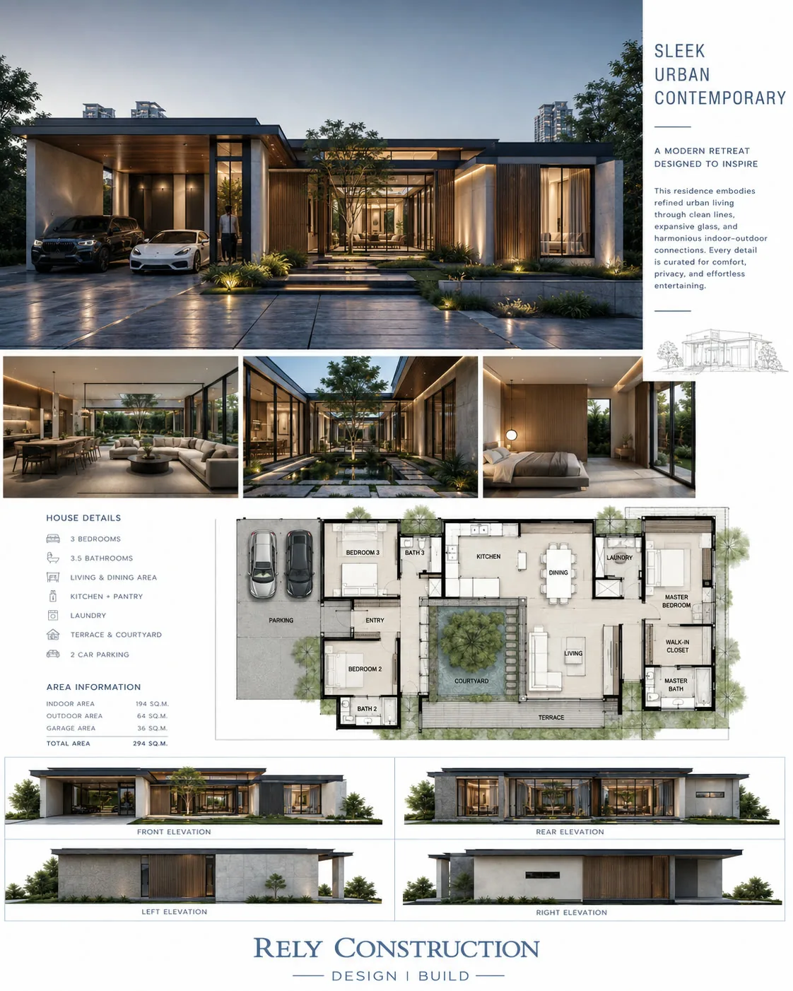 Concept board: Sleek Urban Contemporary: exterior, interiors, floor plan and elevations