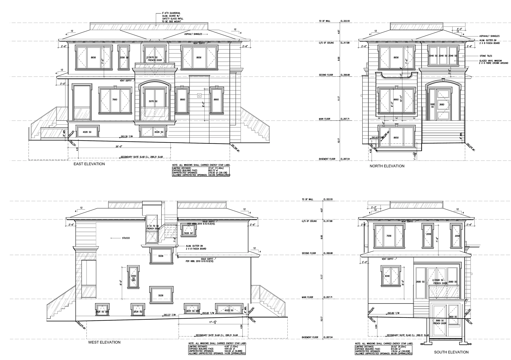 The four building elevations of the main house