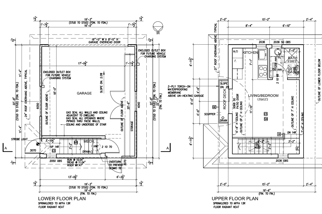 Lower and upper floor plans for the laneway house