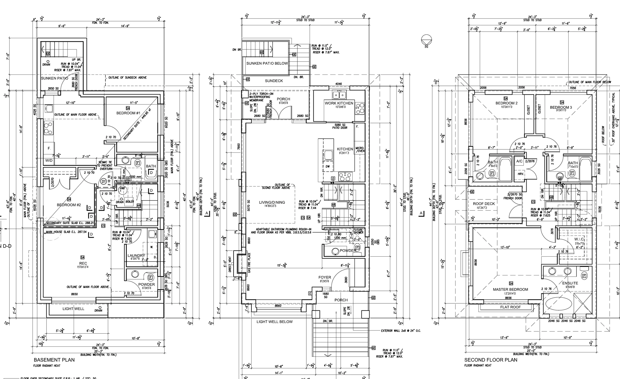 Basement, main floor and second floor plans for the main house