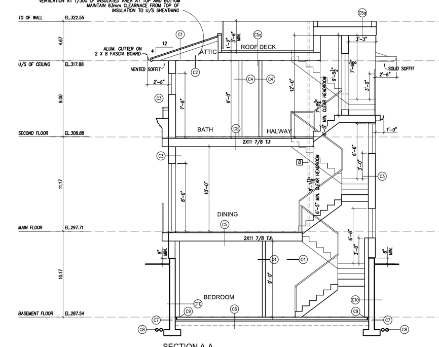 Long section through the main house, basement to roof