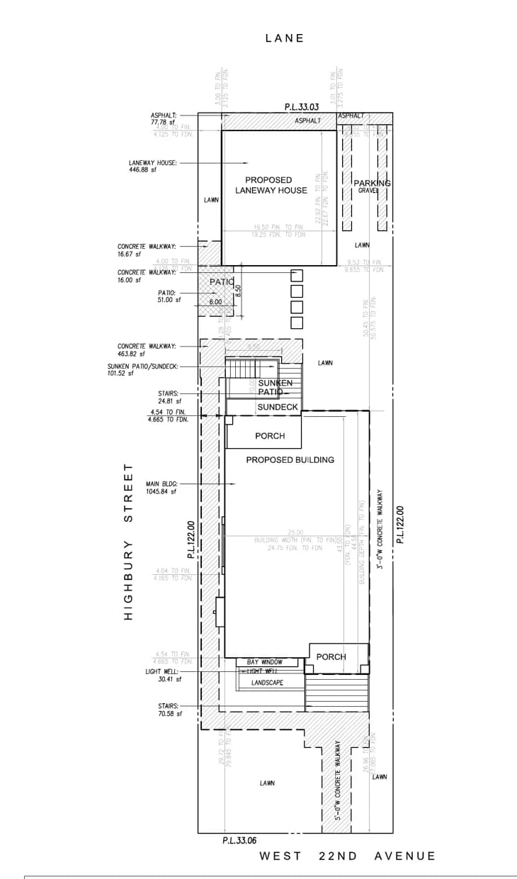 Site plan: the main house and laneway house set out on a West 22nd Avenue lot