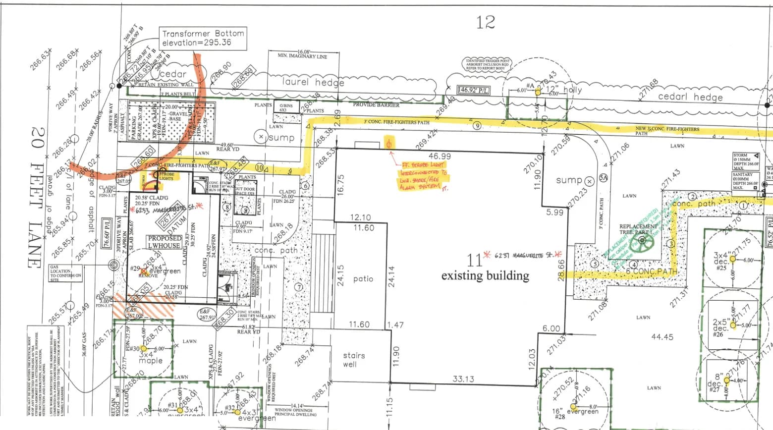 Site plan for a laneway home: setbacks, tree retention, hedges and the lane access drawn over the existing lot