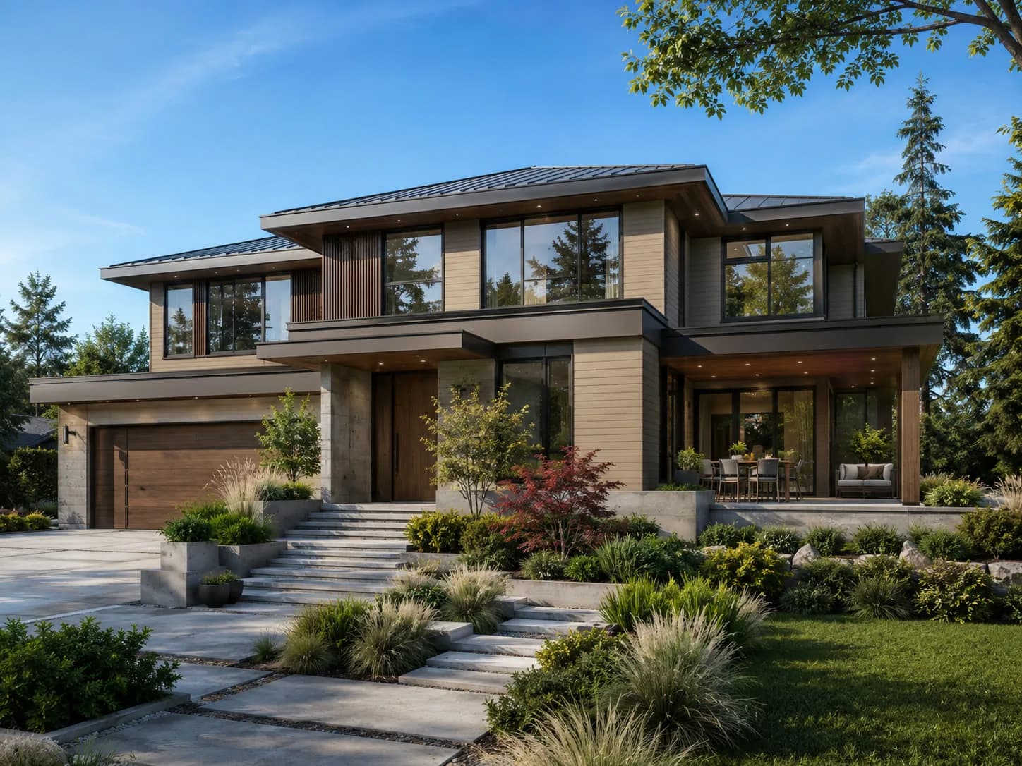 Custom home concept: west coast modern, two storeys with a covered terrace