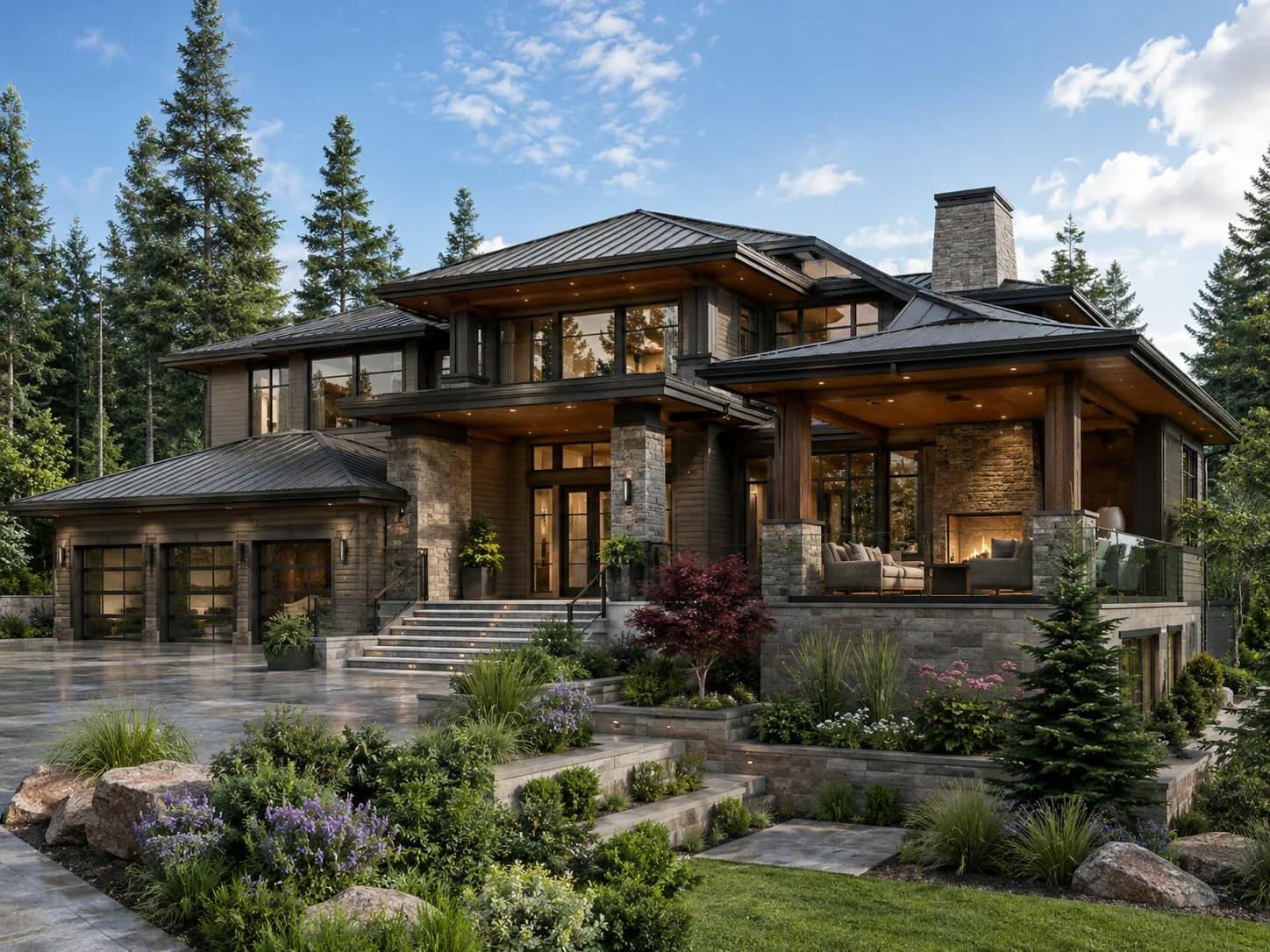 Custom home concept: mountain modern with stone chimney