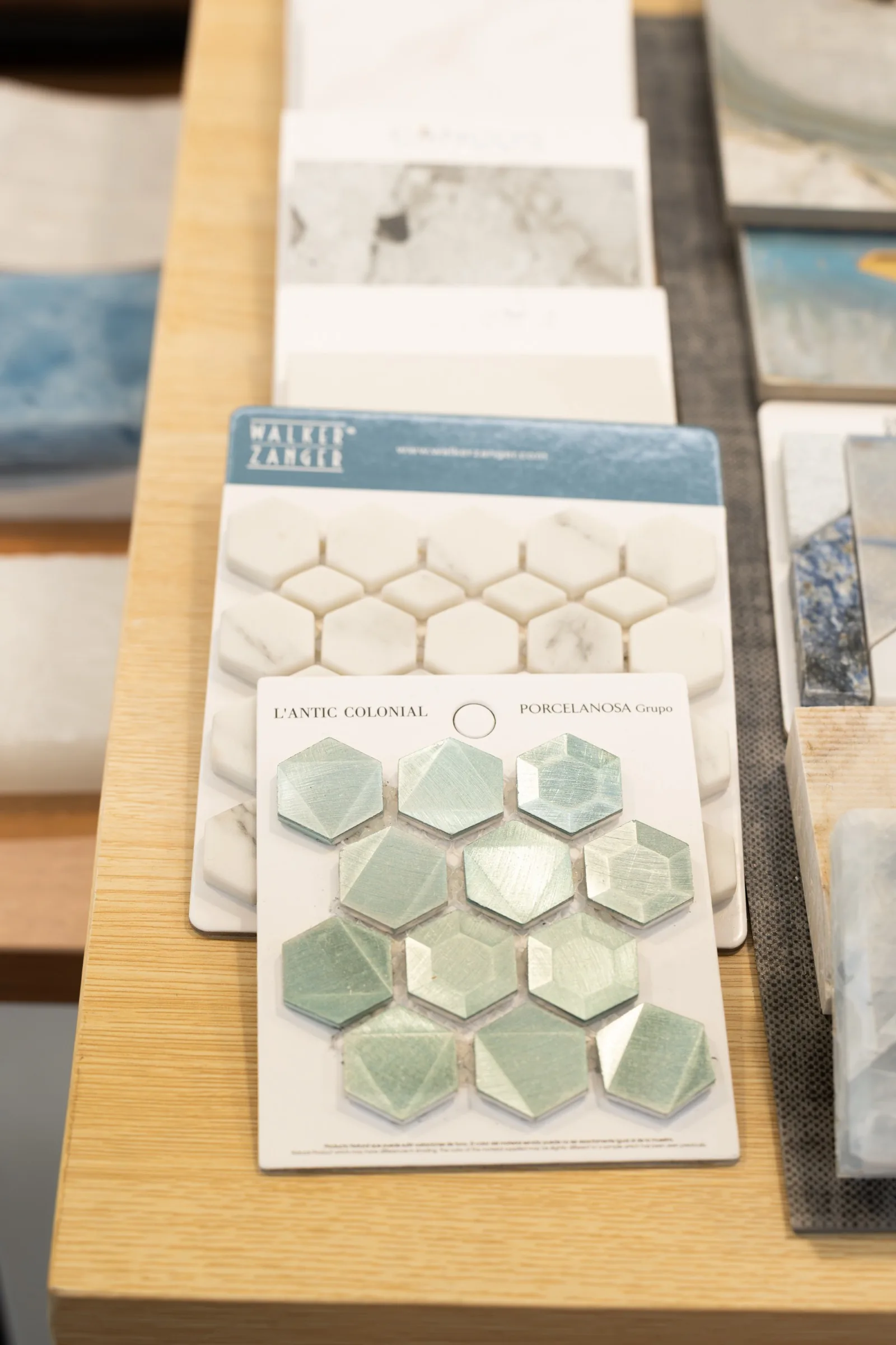 Stone and tile samples on the selection table