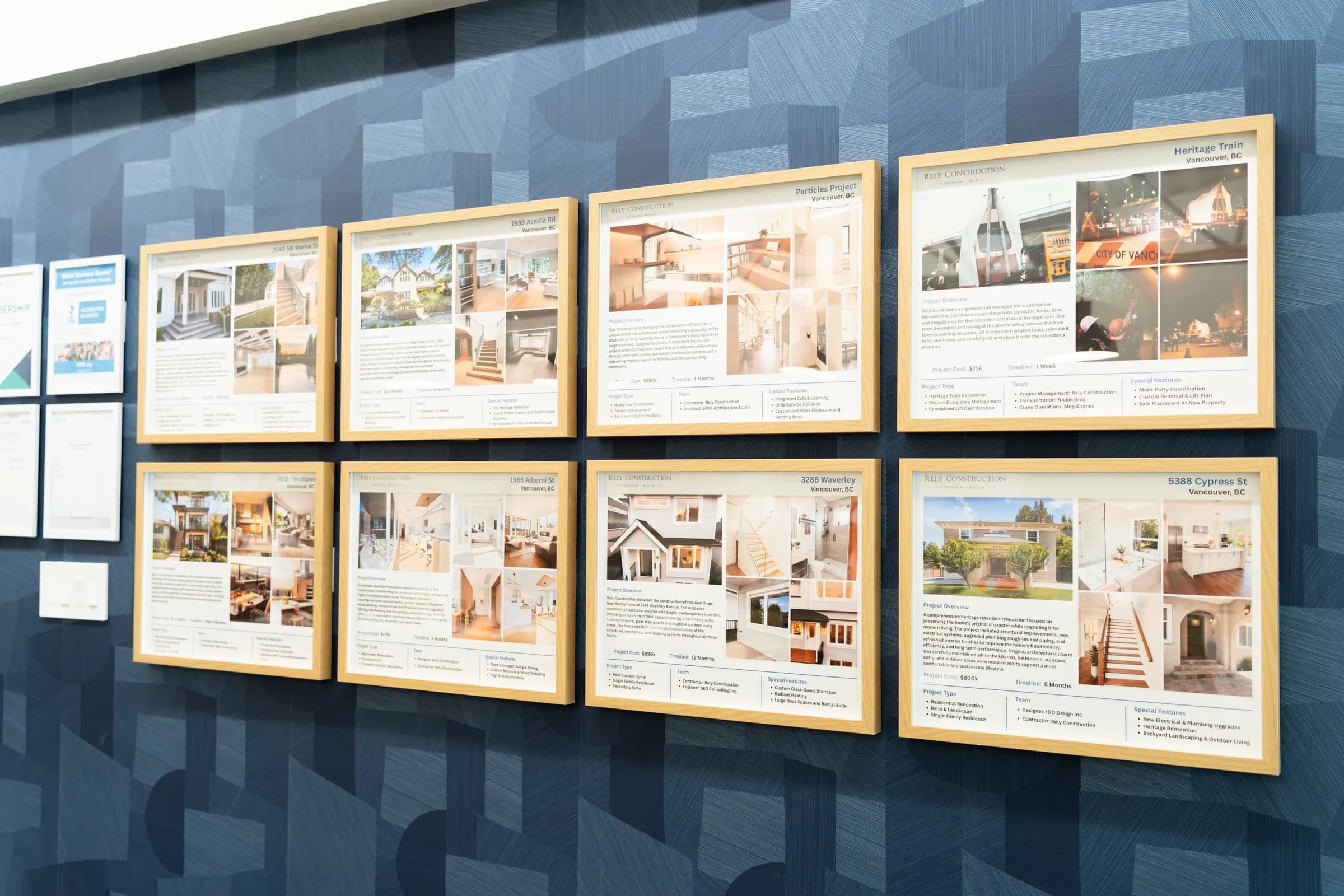 The project wall: framed drawings and project boards